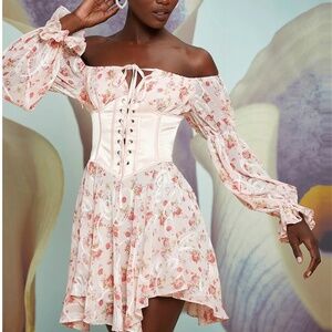 Off Shoulder Bell Sleeve Lace Up Front Floral Dress